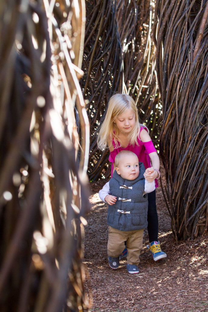 A young girl leads a toddler through a sapling maze.