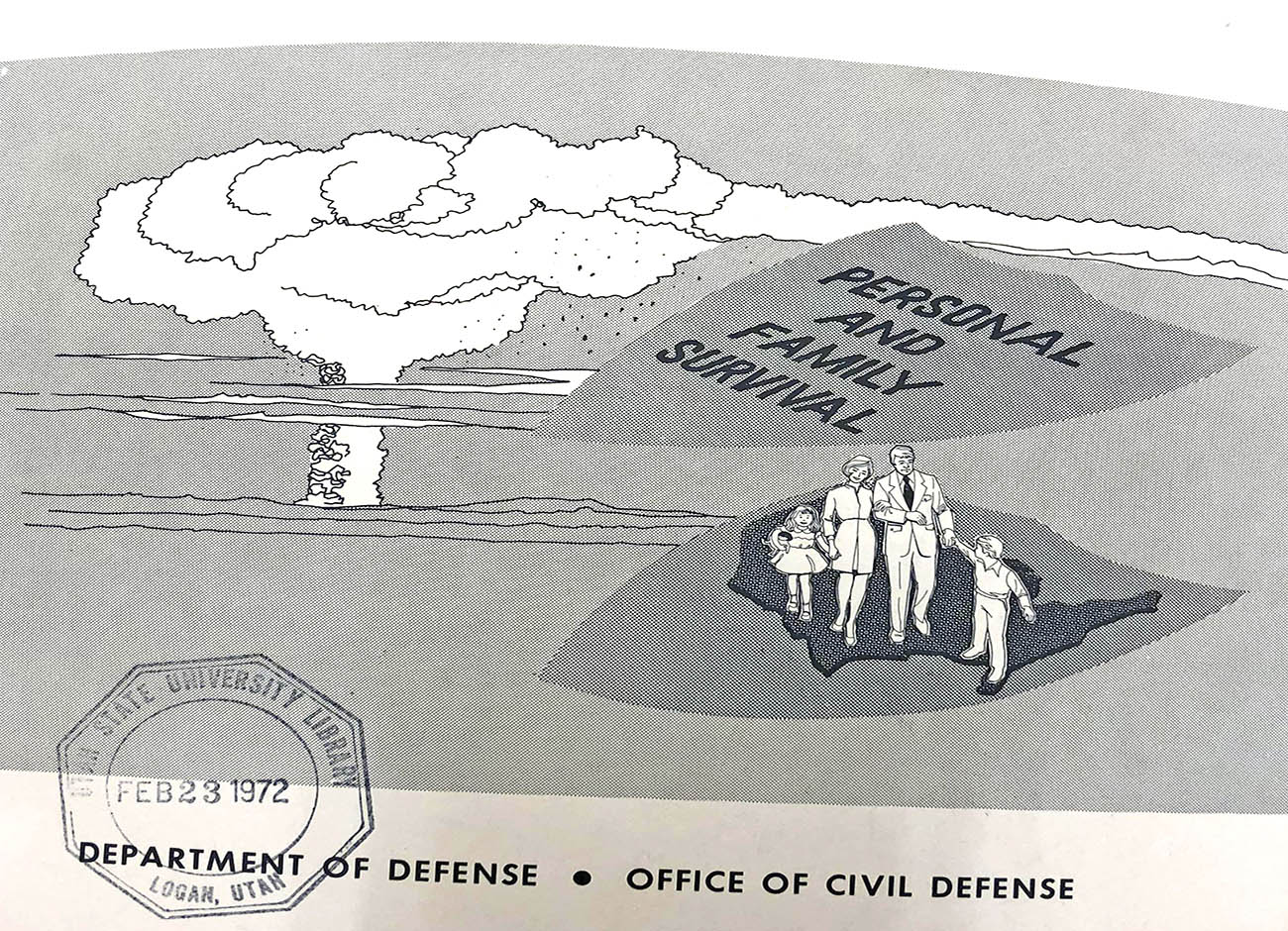 illustration of a mushroom cloud and a family sauntering towards a fallout shelter.