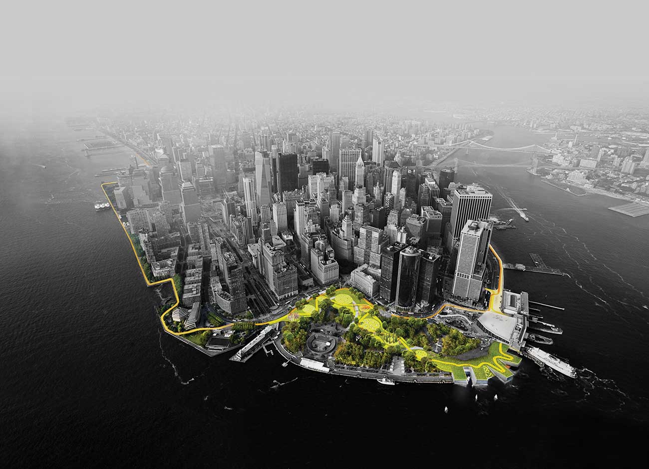 an aerial view of lower Manhattan with a band of greenbelt where proposed changes are to occur