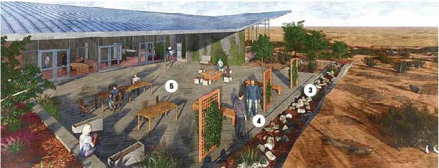 a side shot of the proposed campus building with students gathered at tables on a deck