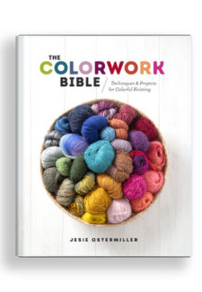 A photo of a bright bowl of yard with words: The Colorwork Bible - Techniques for colorful knitting by Jesie Ostermiller