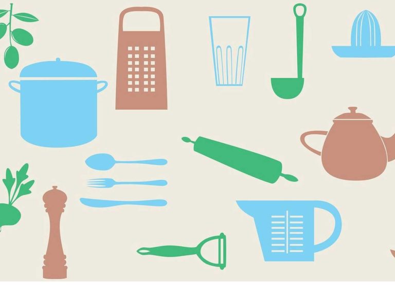 illustration of various cookware including a pot, silverware, soup ladel, rolling pin, teapot, and measuring cups