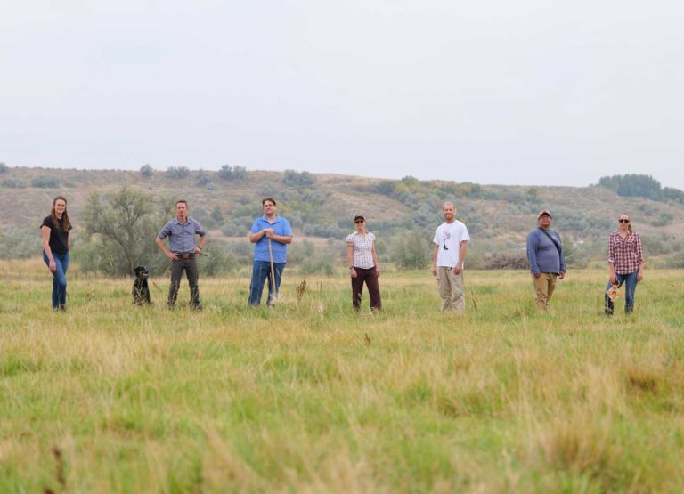 seven researchers stand in a grassy field, the site of the bear river massacre, where they are working with the Shoshone to restore the land to its native habitat