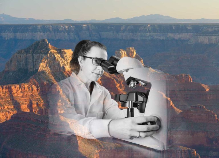 a woman scientist looks through a microscope overlayed with an image of the grand canyon