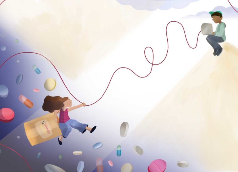 an illustration of a woman holding onto a rope and climbing up and away from pills that are chasing her