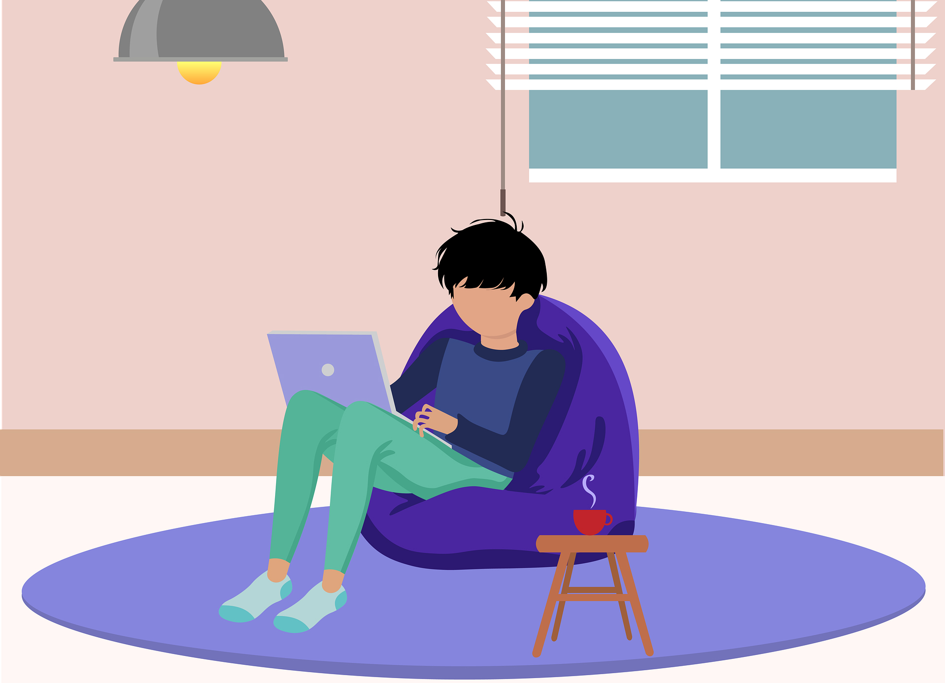 illustration of a student sitting alone in his room with a laptop on his legs