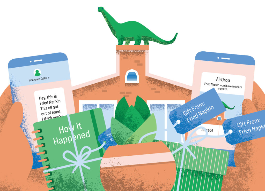 a collage of illustrated presents, a notebook, two phones with text messages, a succulent, and a cartoon dinosaur atop a building