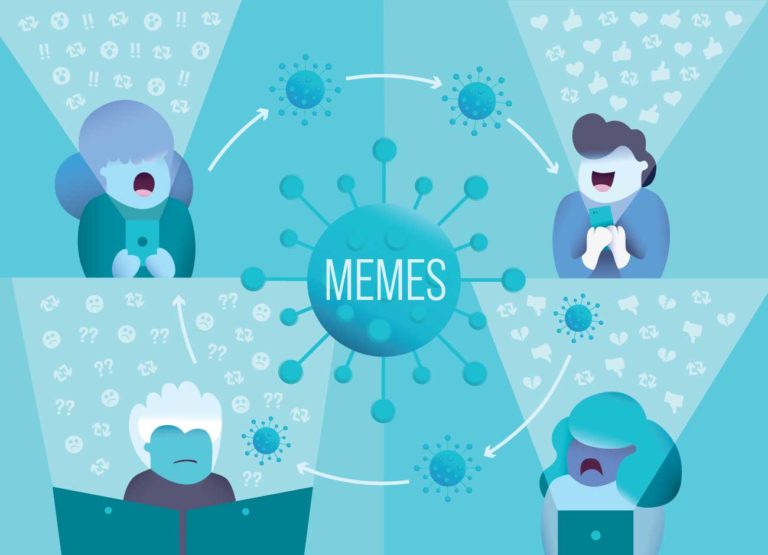 an illustration showing how memes can spread disinformation. It begins with one person generating the meme and sending it to another person. It frightens her and she shares it with another person who sees it and shares it and then the meme shows up on someone else's screen which shocks them and then they share it to another person.