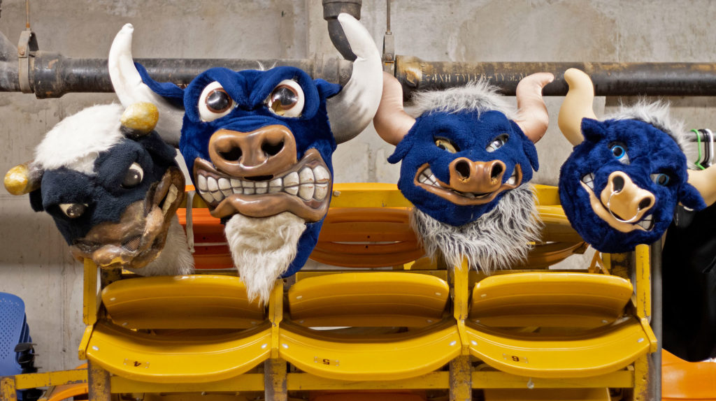 four old Big Blue heads rest on yellow seats. The first is old and navy and has lost much of its face. The second has long bull horns and a menacing grin. The third and fourth are closer to the present day Big Blue iterations with rounded horns.