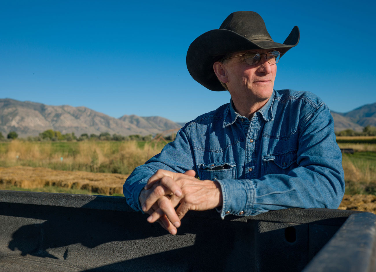 a cowboy in a black hat, denim shirt, and blue jeans leans against his truck surveying the landscape. Flanking him are golden fields and gray mountains.
