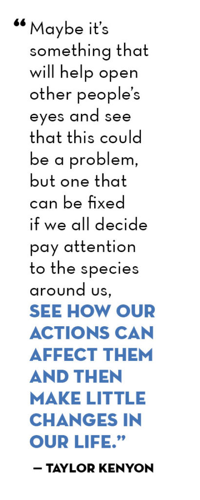 pull quote: Maybe it's something that will open other people's eyes and see this could be a problem, but one that can be fixed if we all decide pay attention to the species around us, see how our actions can affect them and then make little changes in our life." - Taylor Kenyon