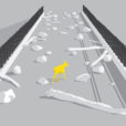 an illustration of a highway overpass designed for wildlife that shows fallen logs and rocks. A moose is walking across the bridge.