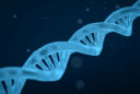 a computer rendering of a DNA strand in bright blue