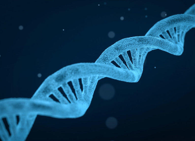 a computer rendering of a DNA strand in bright blue