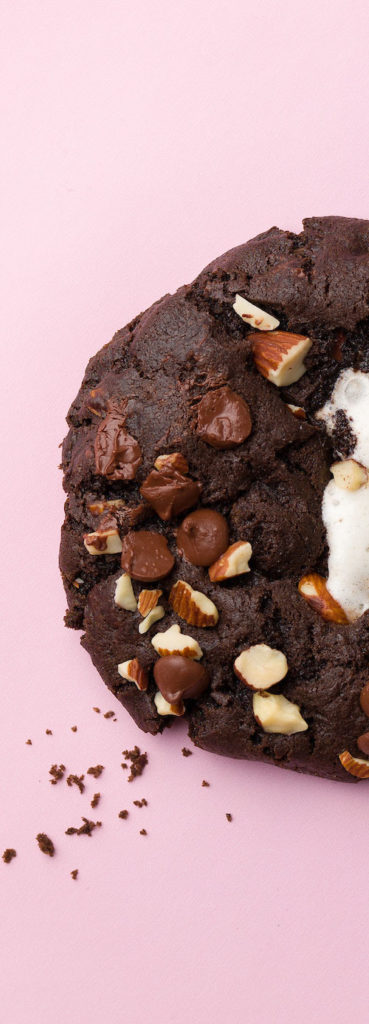 closeup of chocolate cookie with almonds
