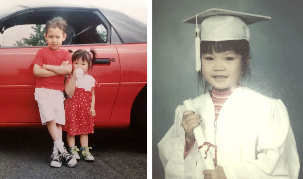 Two little kids standing against red sports car and a photo of young girl in grad outfit.