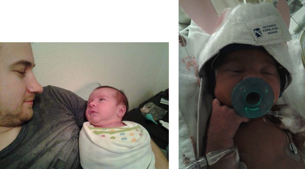 a man gazes at a swaddled newborn baby. Right: A newborn baby sleeps wearing a cold cap with wires and a pacifier in her mouth