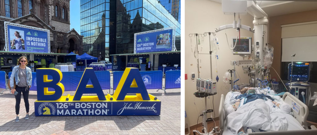Jenn Barker poses in front of the BAA sign in Copley Square Boston. The photo next to it is Jenn Barker in a hospital bed with a web of tubing
