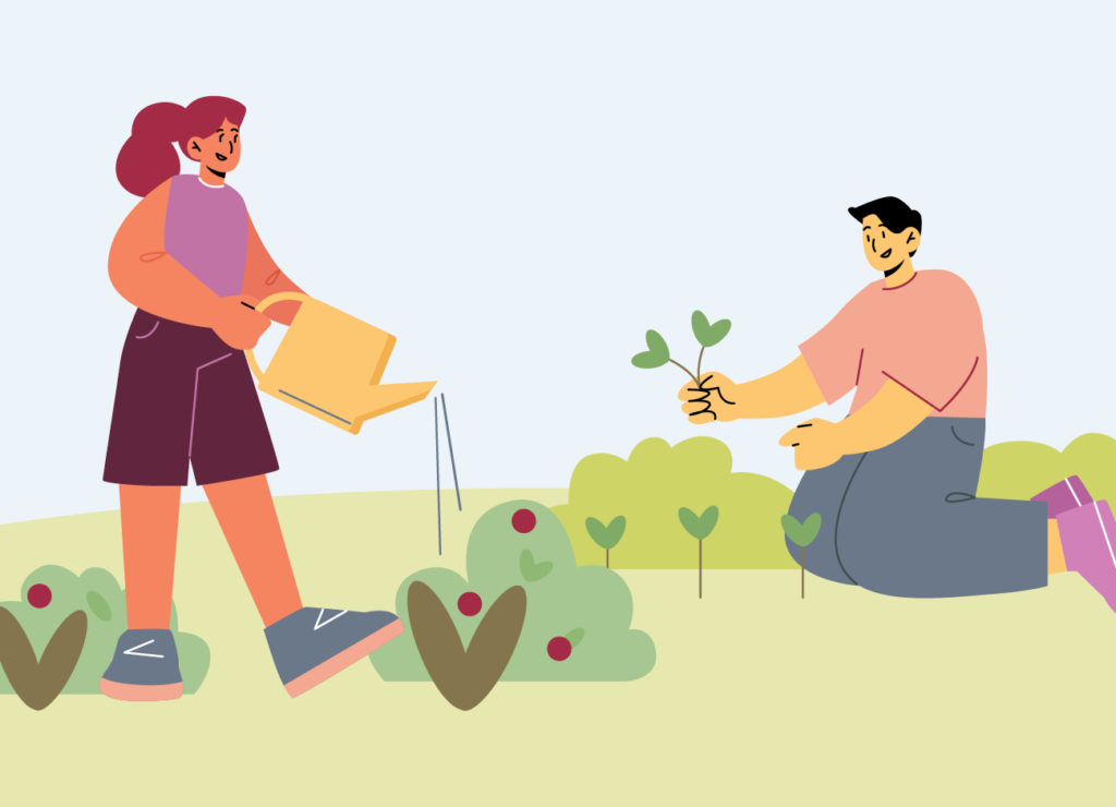 Cartoon image of two people gardening.