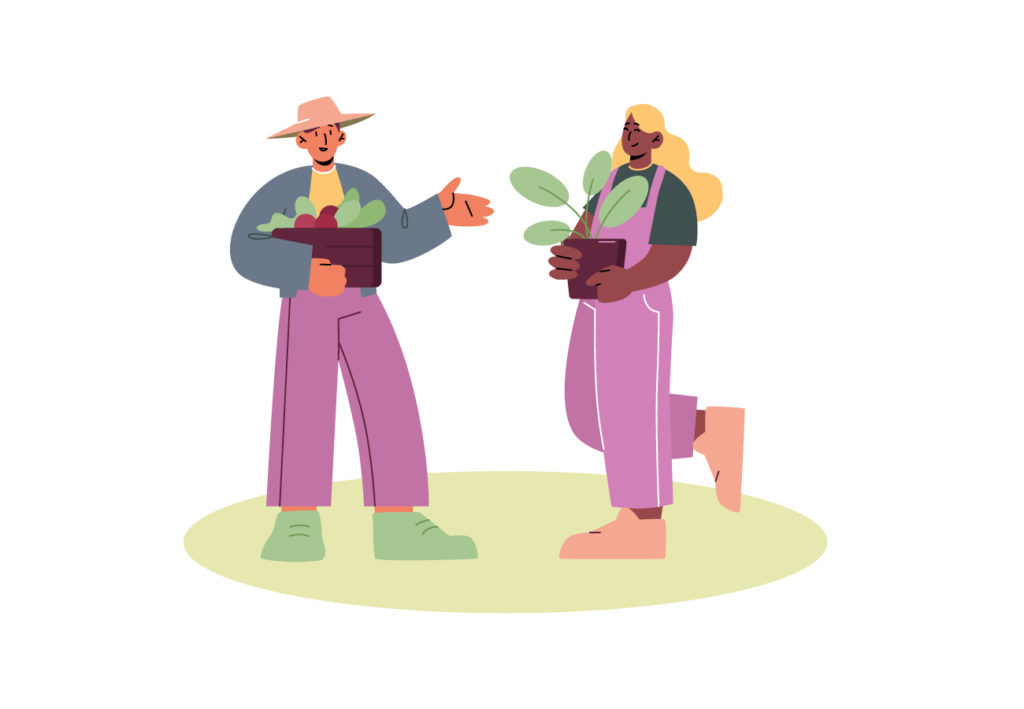 Cartoon image of two people holding plants.