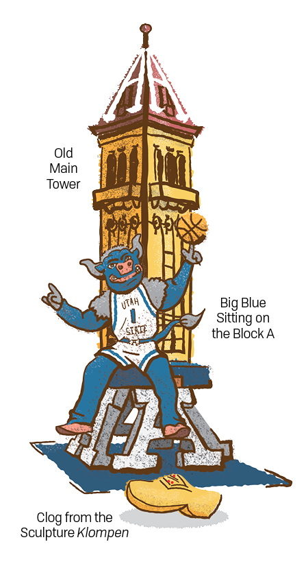 Drawing of Big Blue sitting on the Block A outside of Old Main Tower along with a Clog from the Sculpture Klompen.