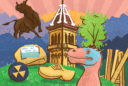 illustrated graphic of Old Main building, a ficus tree, French Fry sculpture, a bull sculpture, a fall out shelter sign, a Utah raptor, and a nuclear fallout sign