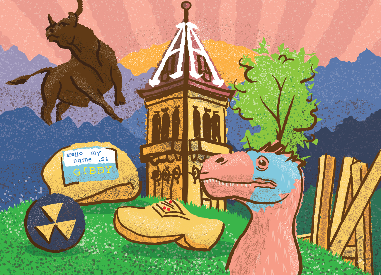 illustrated graphic of Old Main building, a ficus tree, French Fry sculpture, a bull sculpture, a fall out shelter sign, a Utah raptor, and a nuclear fallout sign