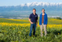 Jennifer Reeve, associate professor of organic and sustainable agriculture, and Matt Yost, associate professor and agroclimate Extension specialist, stand in a field of yellow flowers with the snowcapped Wellsville Mountains in the background.