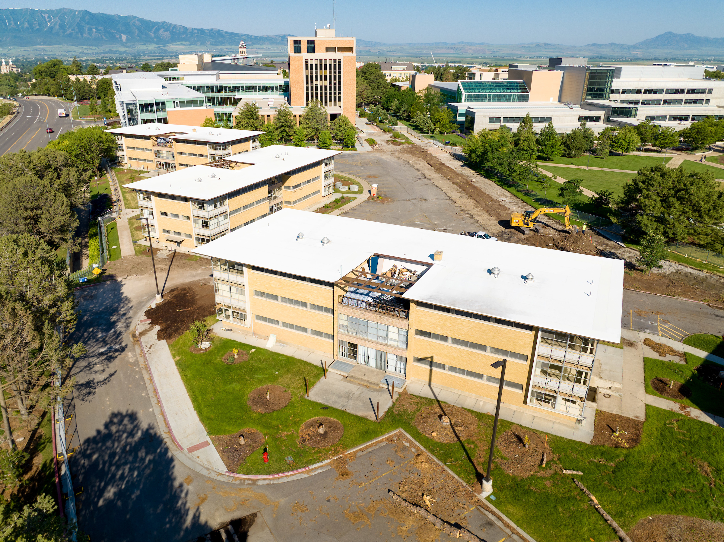A drone view of three south campus residence halls at Utah State University's Logan campus that are being demolished.