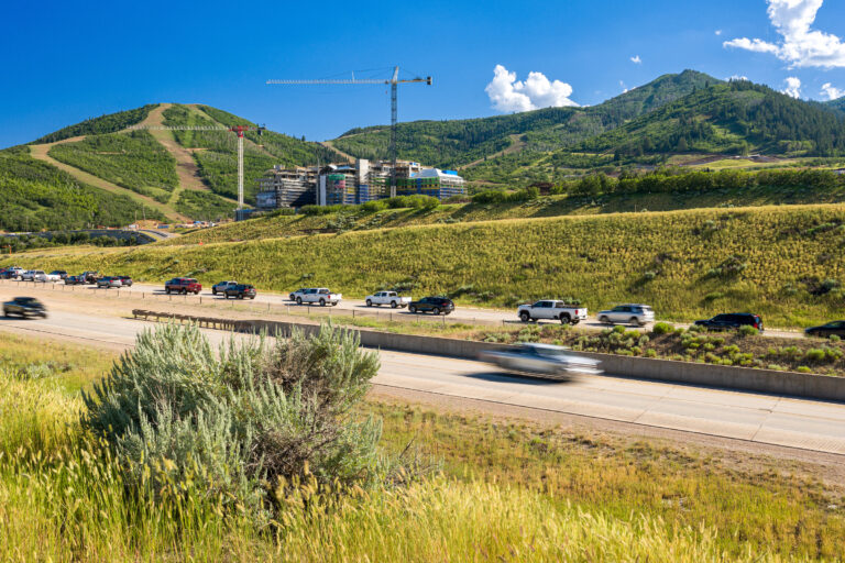 Southbound traffic between Park City, Utah and Heber City, Utah, slows to a crawl as a new resort is erected at the base of the Mayflower ski lift.