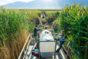 Two men ride a marsh master, a fully amphibious tracked buggy, near the Great Salt Lake.