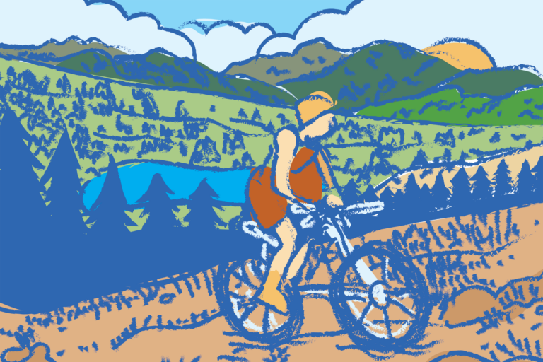 An illustration of the Wasatch Back Trail showing a person mountain biking.