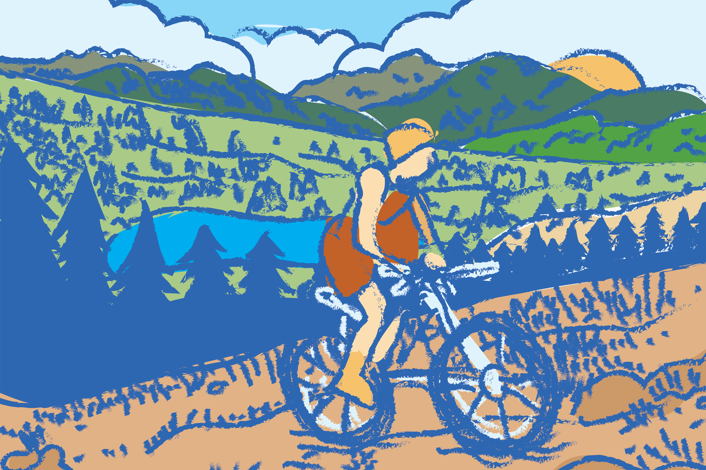 An illustration of the Wasatch Back Trail showing a person mountain biking.
